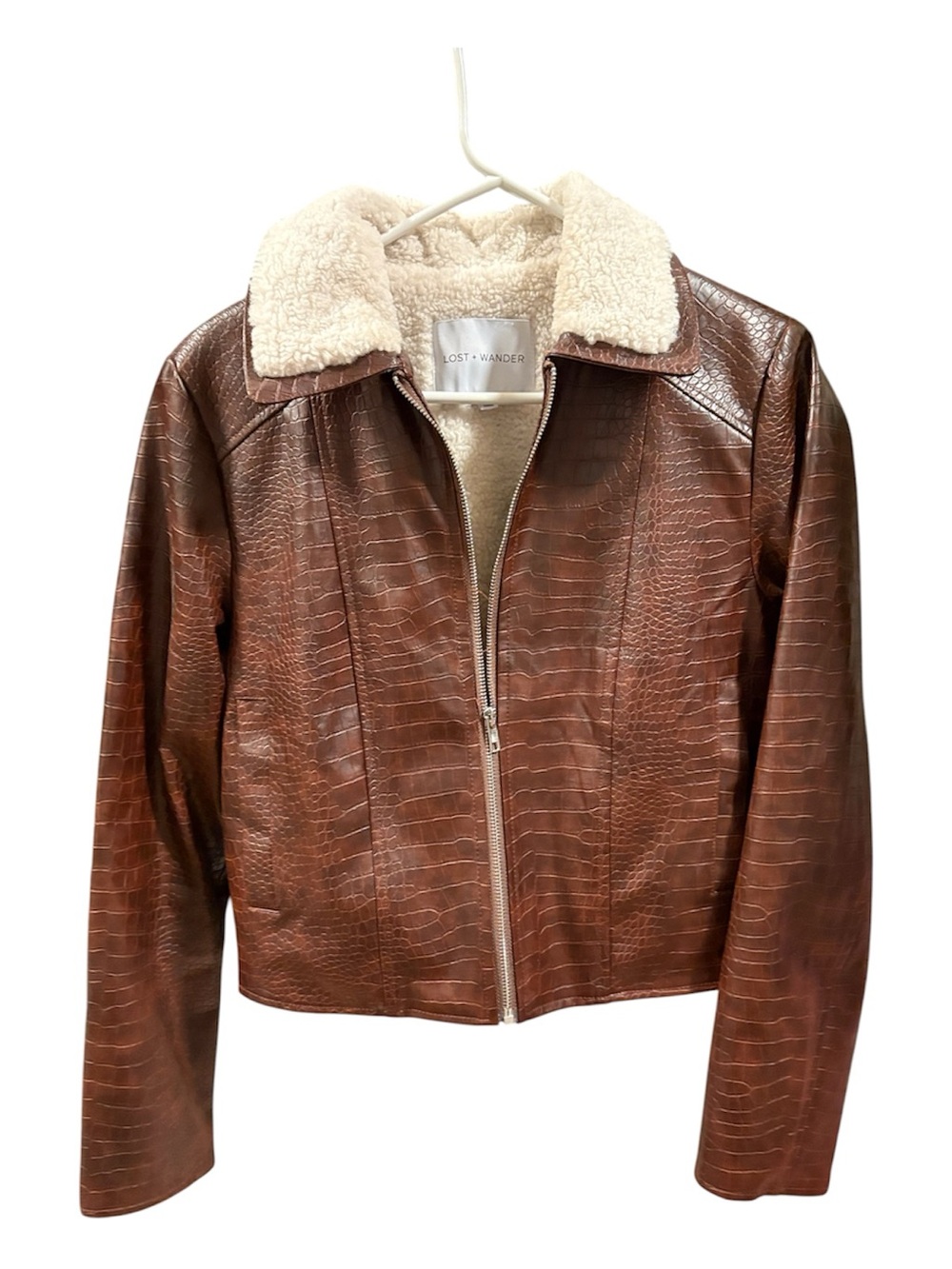 Lost + Wander Croc-Embossed Brown Faux Leather Jacket with Cream Sherpa Collar